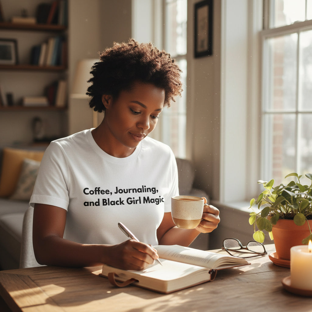 Coffee, Journaling, and Black Girl Magic Unisex Heavy Cotton Tee